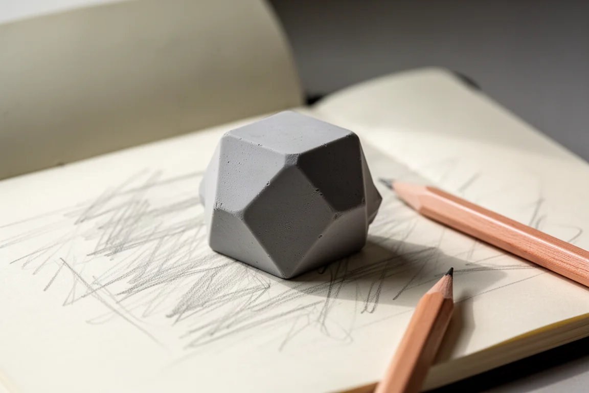 Geometryczna gumka z wieloma narożnikami leżąca na otwartym zeszycie ze śladami ołówka