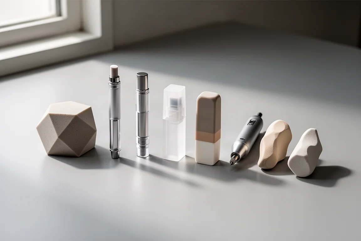 Seven uniquely shaped Japanese erasers arranged in a row on a grey desk