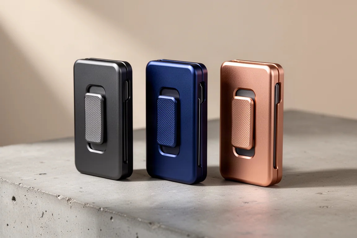 Unique Touch Wallet in drei anodisierten Farbvarianten auf einer Betonoberfläche