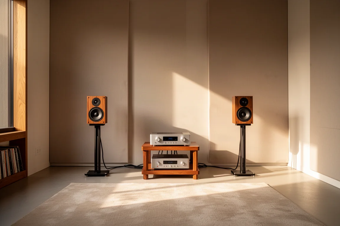 Sala de escucha con techos altos, altavoces de estantería sobre soportes y un amplificador compacto en un rack de madera