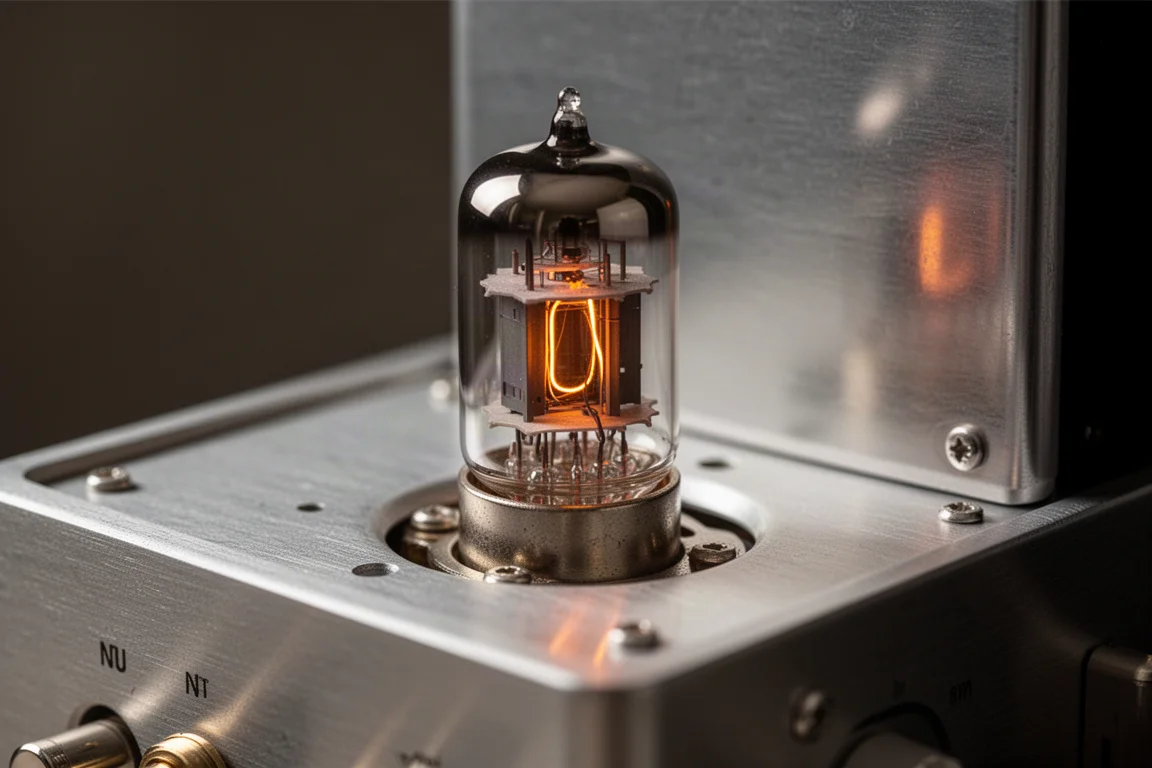 Primer plano de una válvula de vacío encendida dentro del chasis de un amplificador con luz cálida anaranjada en el filamento
