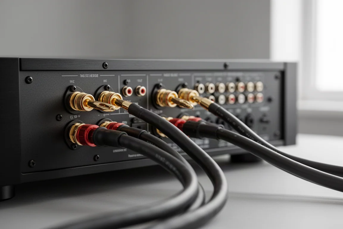 Panel trasero de un amplificador con dos pares de bornes para altavoces y cables gruesos de altavoz