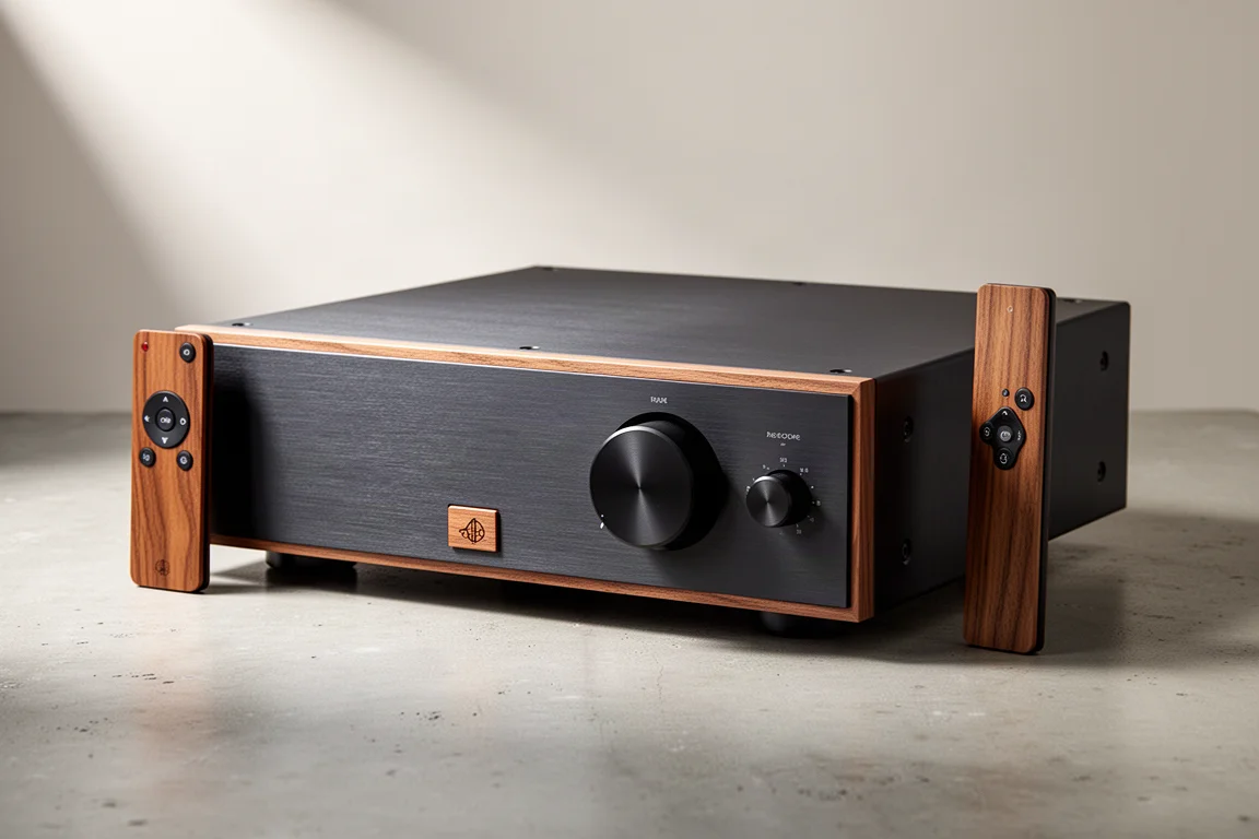 Compact integrated amplifier with wooden front panel and vertical wooden remote on a concrete surface