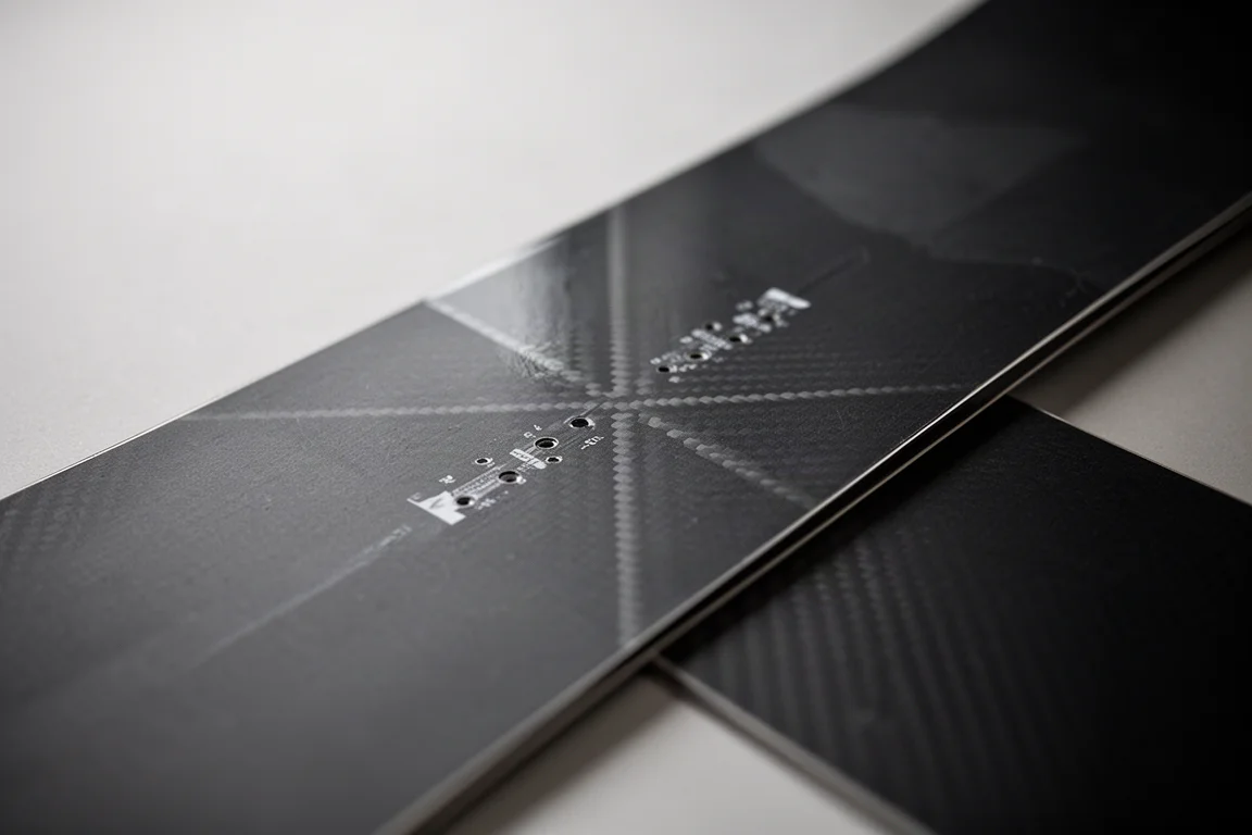 Directional Snowboard Top Sheet mit sichtbarer Carbon-Webstruktur