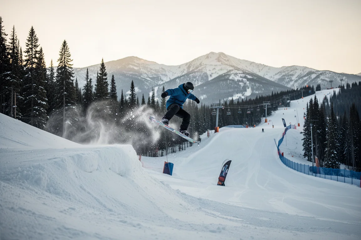 Snowboarder springt mit einem Ollie über einen Side Hit neben einer präparierten Piste
