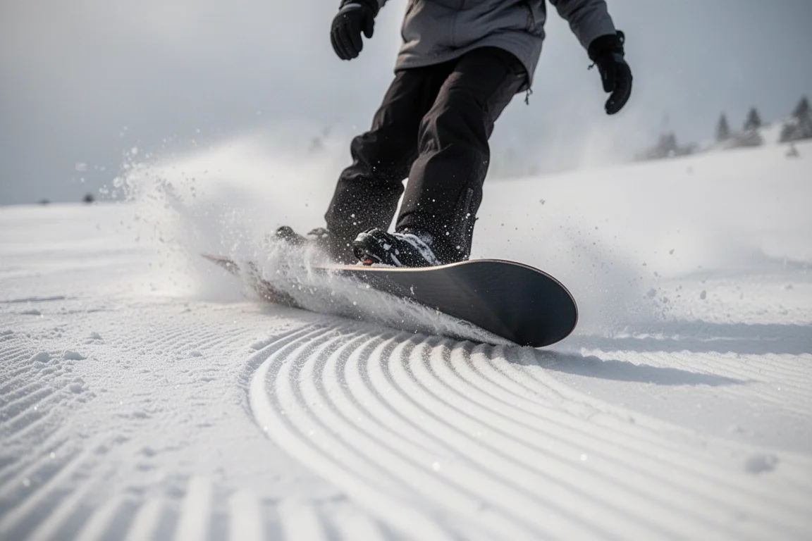 Snowboard zieht eine saubere Kurve durch festen Morgen-Büffelschnee