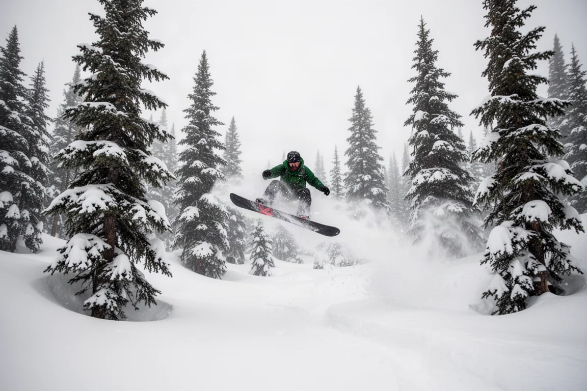 Snowboarder schwebt durch tiefen Pulverschnee zwischen Bäumen