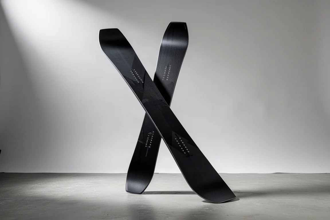 Directional Freeride-Snowboard mit langem Nose, auf neutralem Studiohintergrund aufgestellt