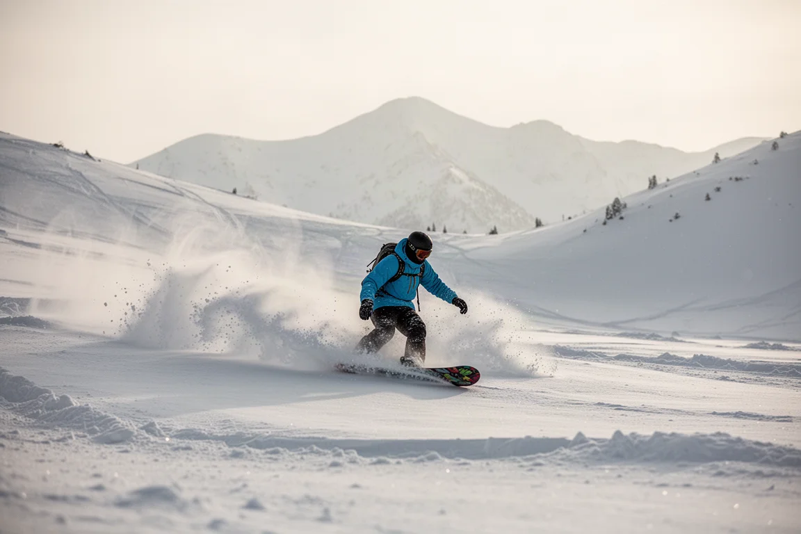 Snowboarder fährt frischen Tiefschnee bei sanftem Morgenlicht