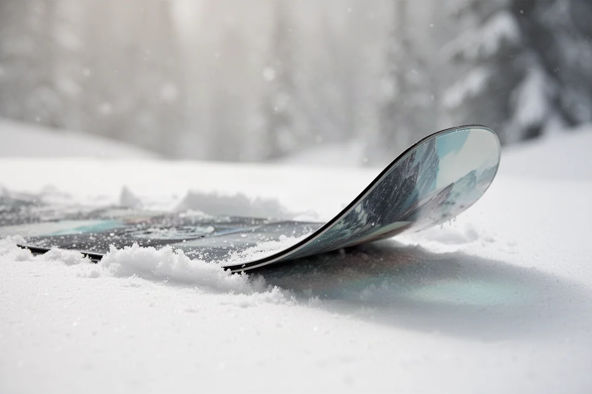 Detailansicht der langen, nach oben gebogenen Nose eines Snowboards im frischen Schnee