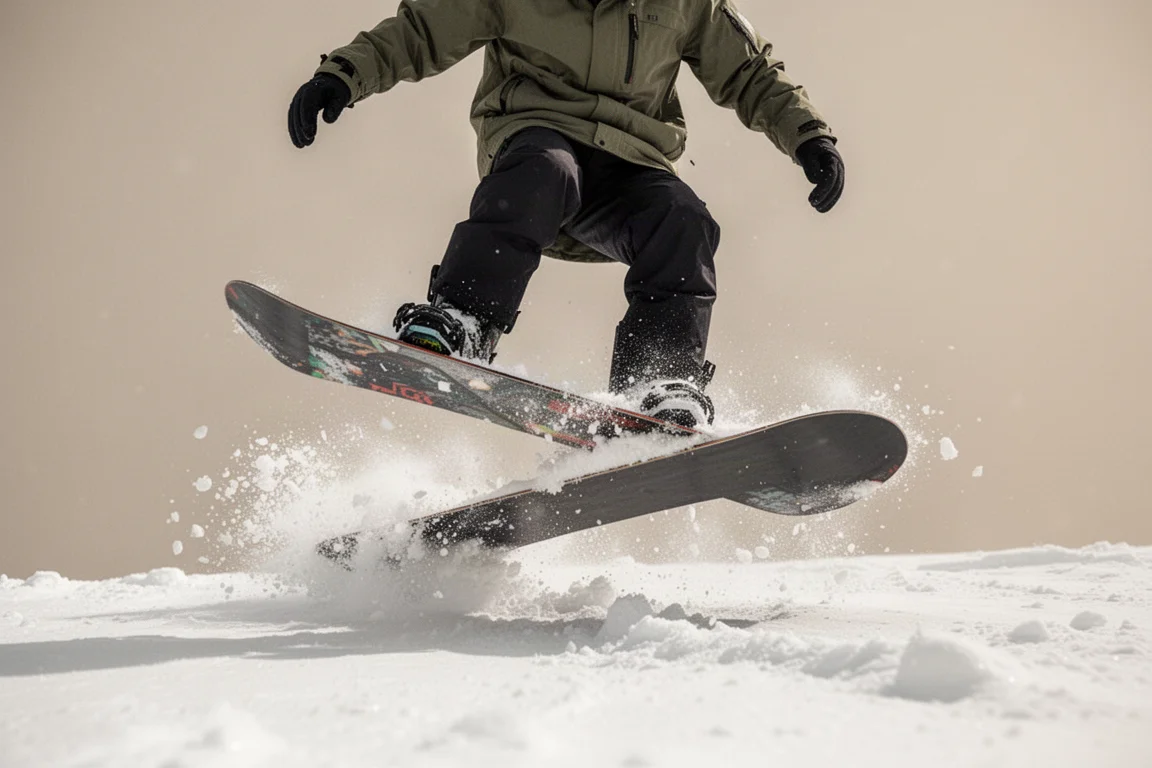 Snowboarder macht Butters auf der Nose des Boards im weichen Schnee