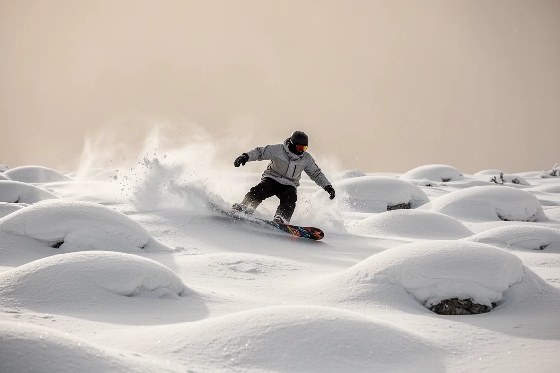 Snowboard fährt durch ein Buckelfeld im frischen Schnee