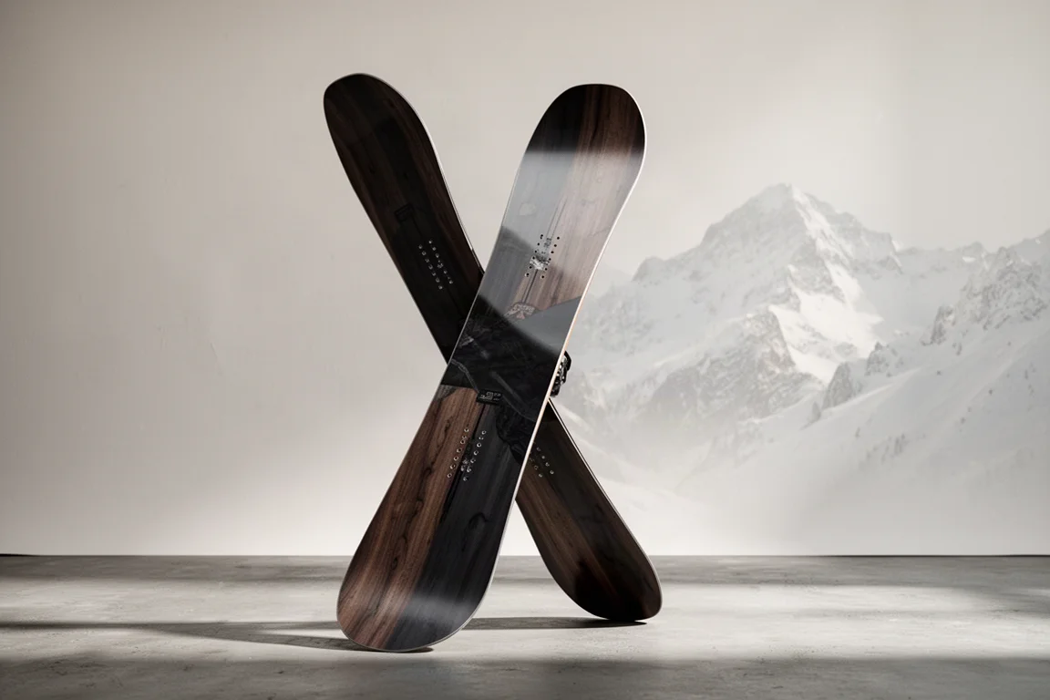 United Shapes Deep Reach Powder-Snowboard aufrecht stehend auf Betonoberfläche