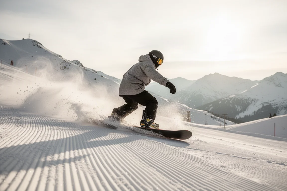 Snowboardeur en carving sur une piste damée ensoleillée dans une station de montagne