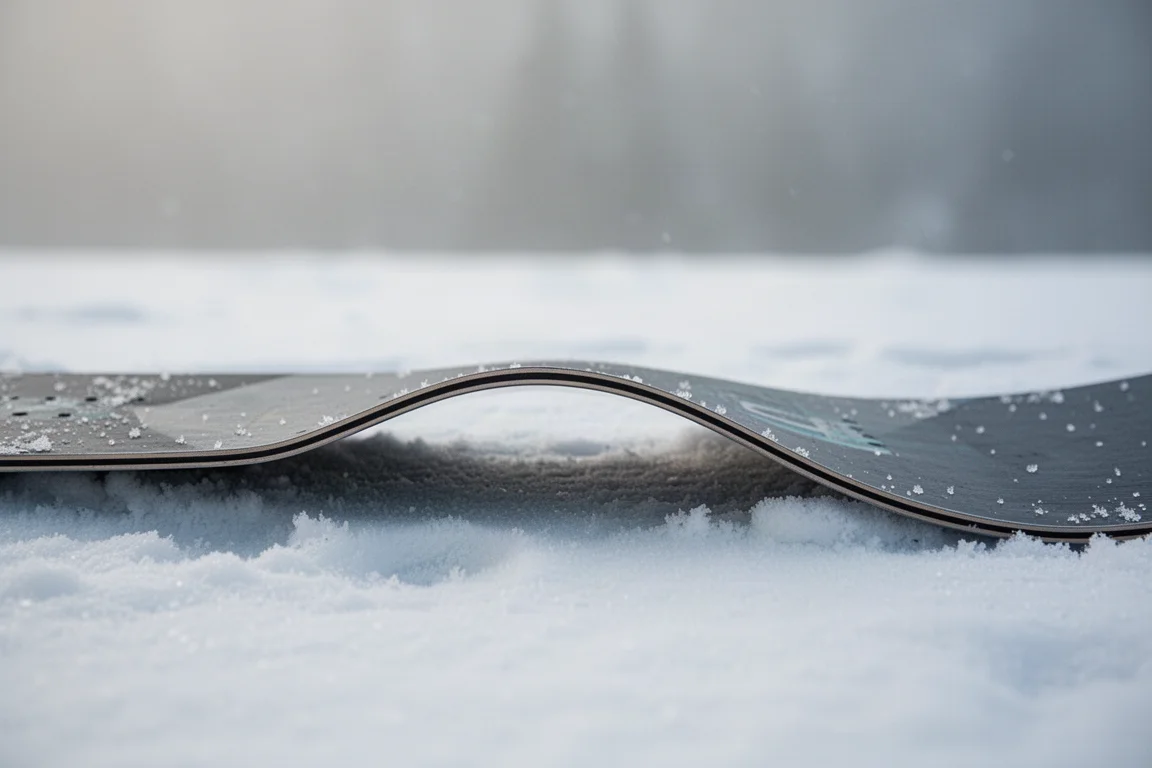 Gros plan sur le profil cambre d'une planche de snowboard posée sur la neige