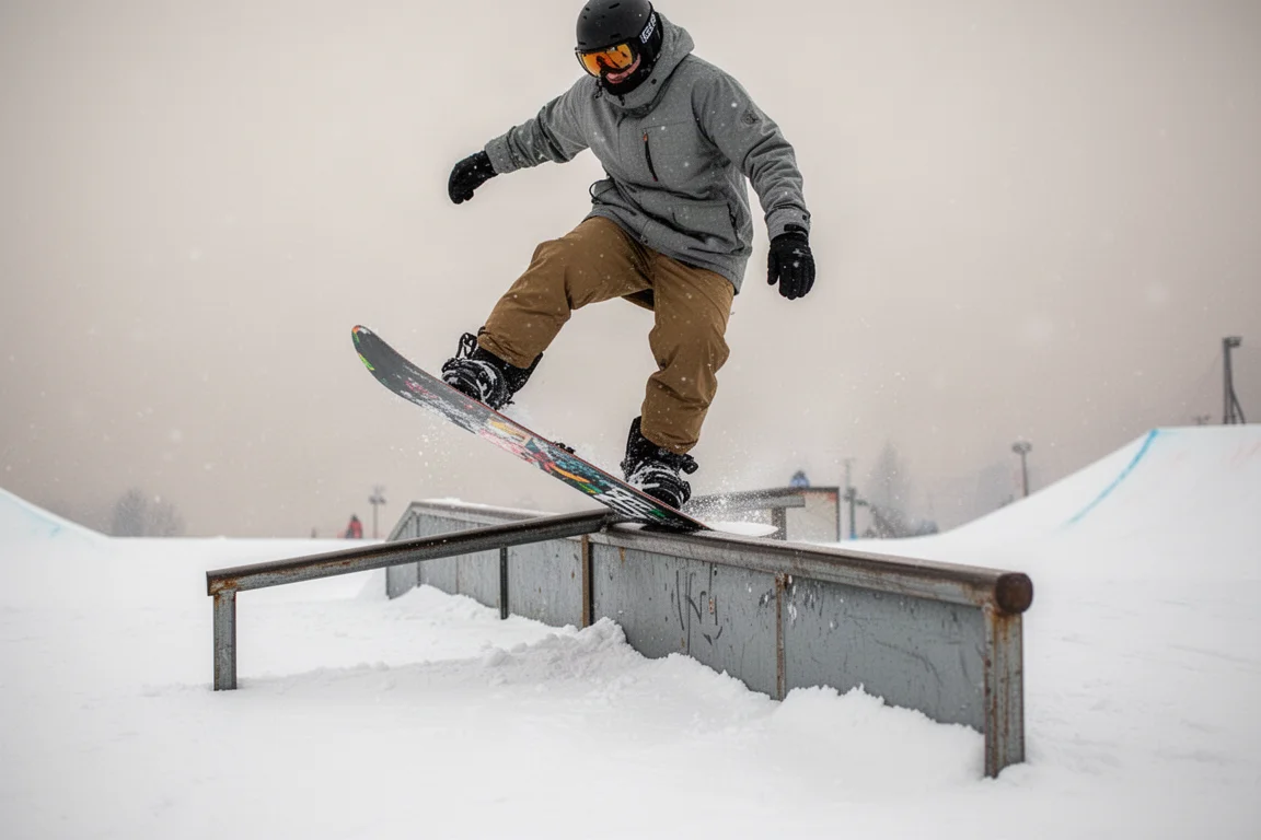 Snowboardeur pressant le nose de la planche sur un rail dans un snowpark