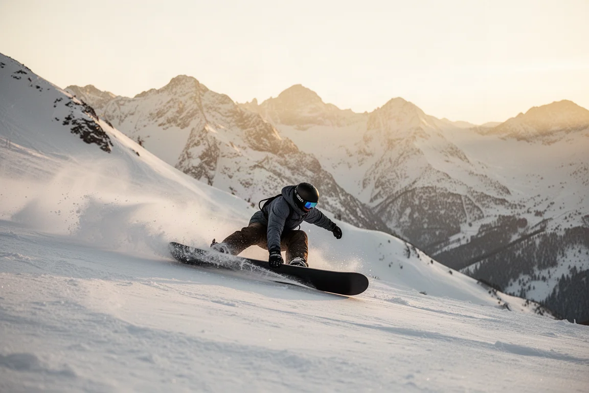 Snowboardeur carvingant intensément sur une pente d'altitude ferme en lumière d'après-midi