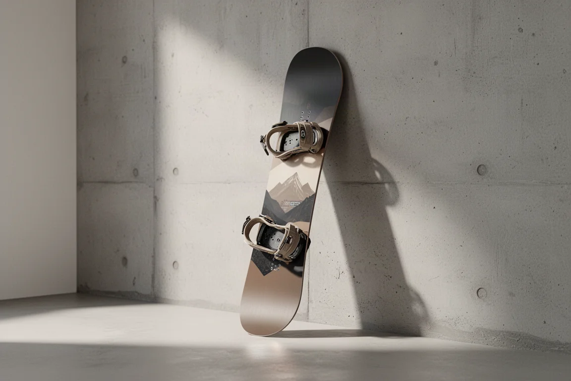 Planche de snowboard United Shapes Object dressée verticalement contre un mur de béton