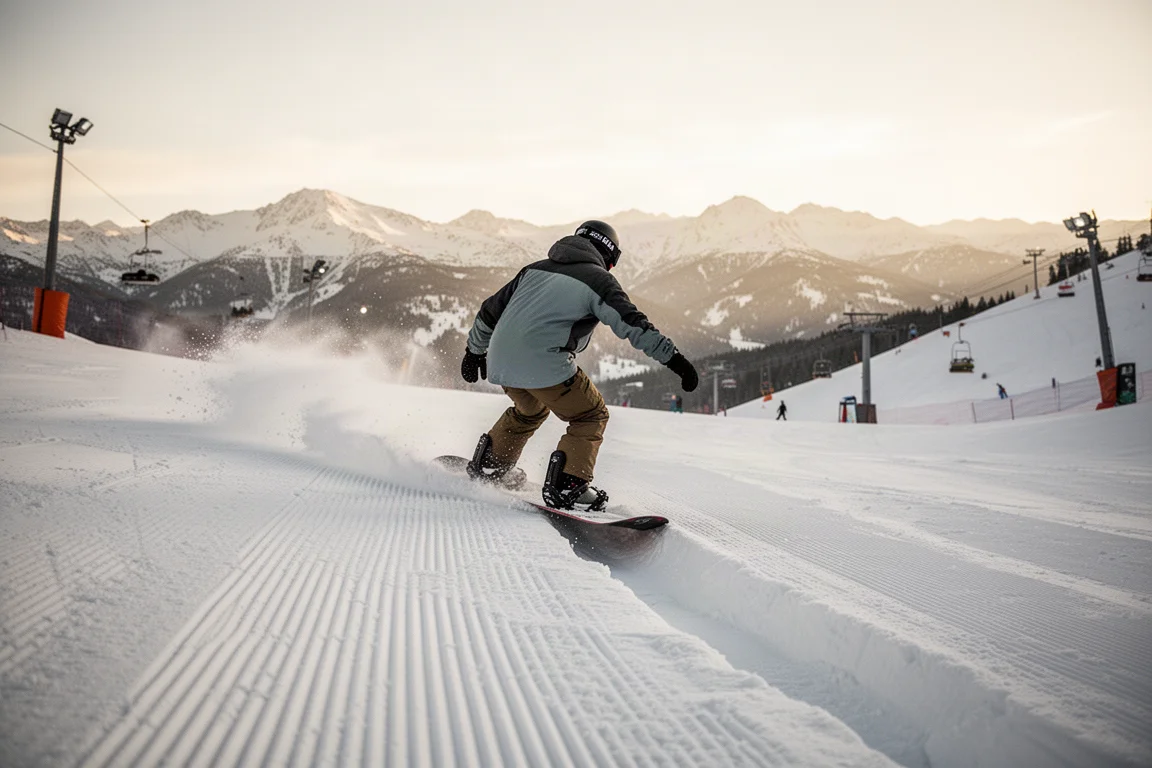 Snowboardista traçando uma linha limpa na corduroy fresca em uma pista groomed