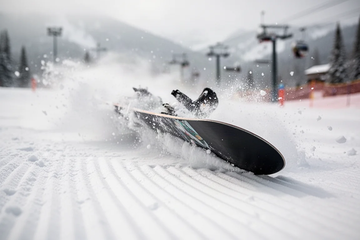 Close-up do edge de um snowboard cortando na neve firme de pista groomed