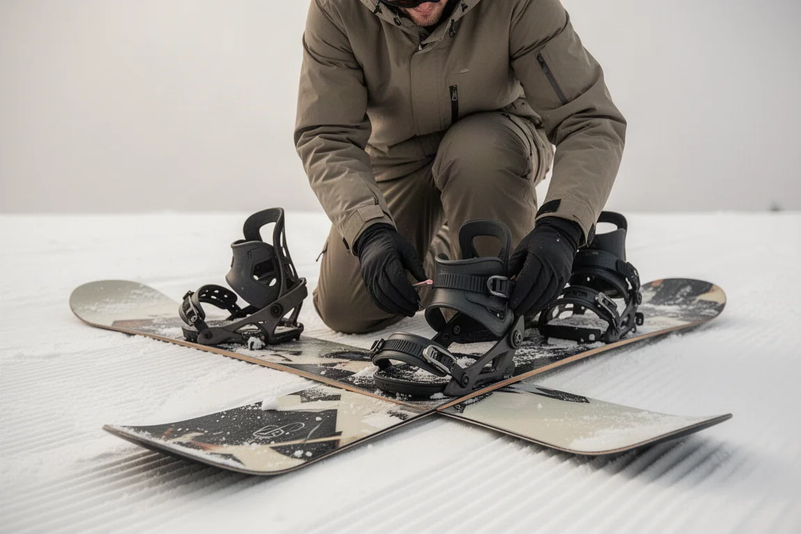 Snowboardista ajustando a posição das botas de fixação em um snowboard na neve