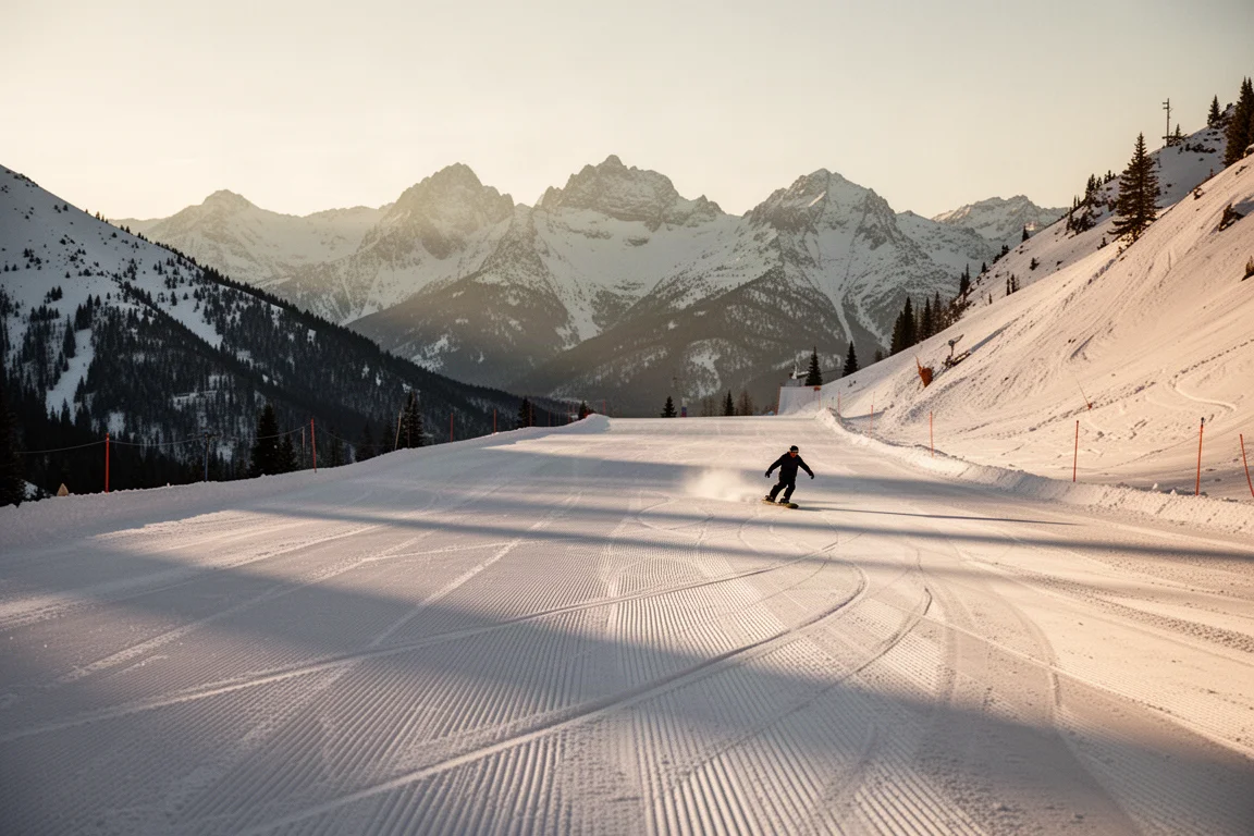 Pista groomed ampla descendo pela montanha sob a luz do fim da tarde
