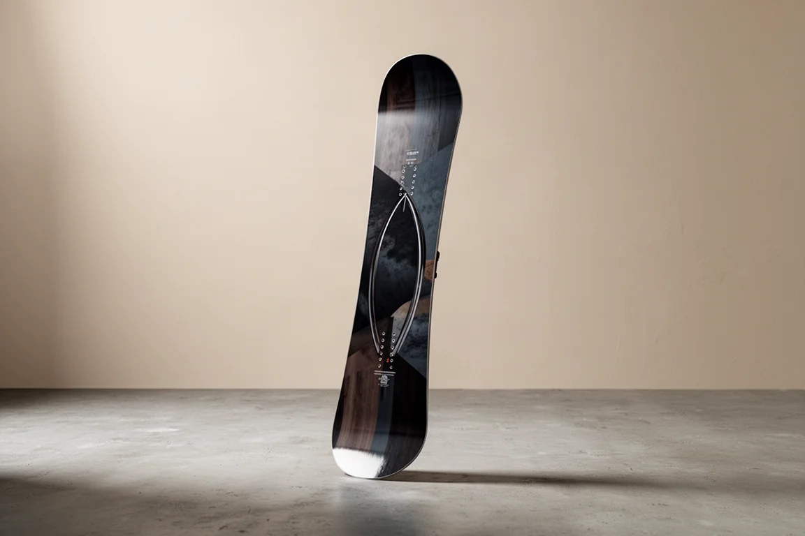 Snowboard United Shapes Transmission apoiado em um piso de concreto fosco