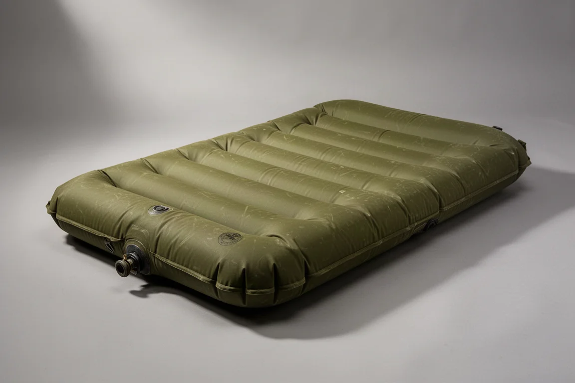 Inflated olive drab military pneumatic air mattress with six baffles on a grey backdrop