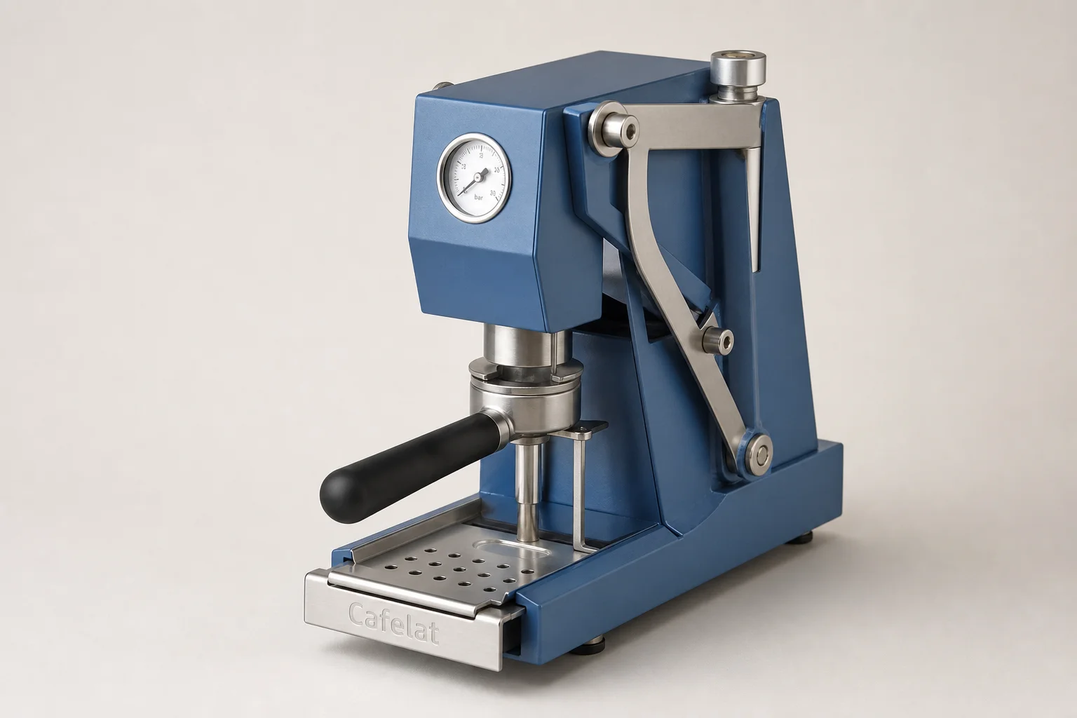 Four portable espresso makers arranged on concrete surface