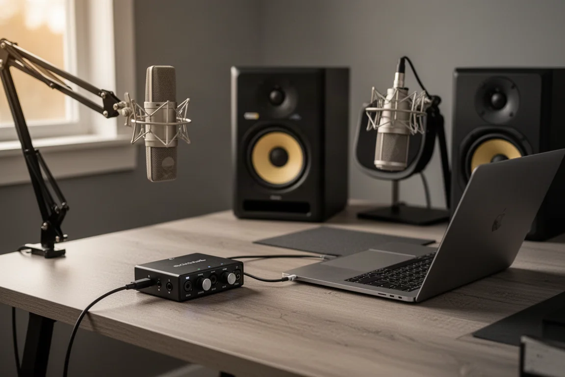 Hemmastudio-skrivbord med ljudkort, laptop, mikrofon och monitorhögtalare