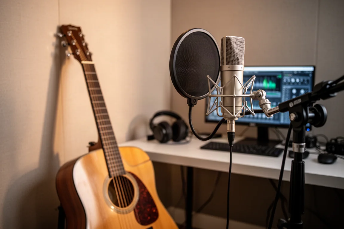 Inspelningsrum med akustisk gitarr, mikrofon och hörlurar på ett skrivbord