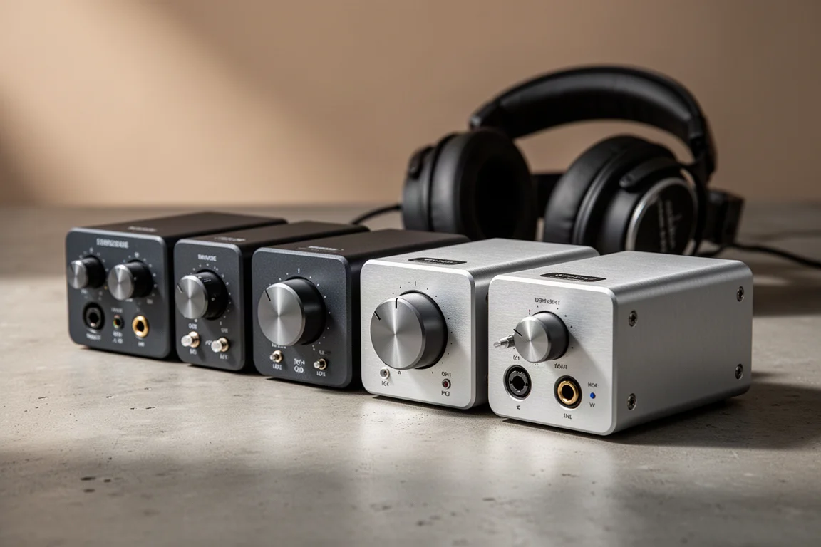 Row of desktop audio interfaces with gain knobs and input sockets on a concrete surface