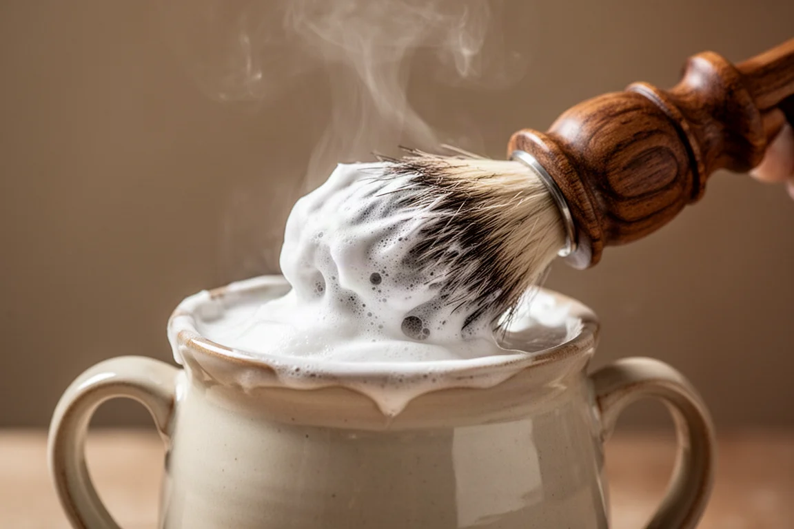 Shaving brush loaded with cream in a ceramic scuttle