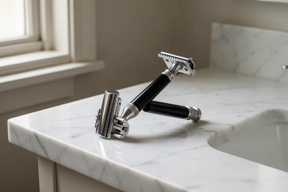 Vintage adjustable safety razor resting on a bathroom counter