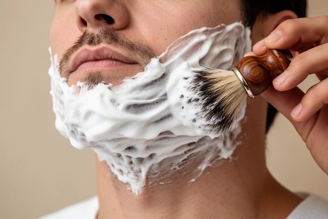 Close-up of lather being applied to a face with a shaving brush