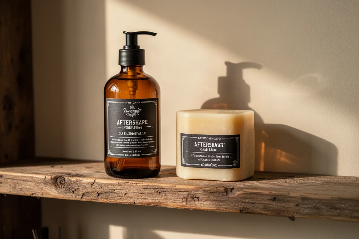Amber glass aftershave bottle with matching soap tub on wooden shelf