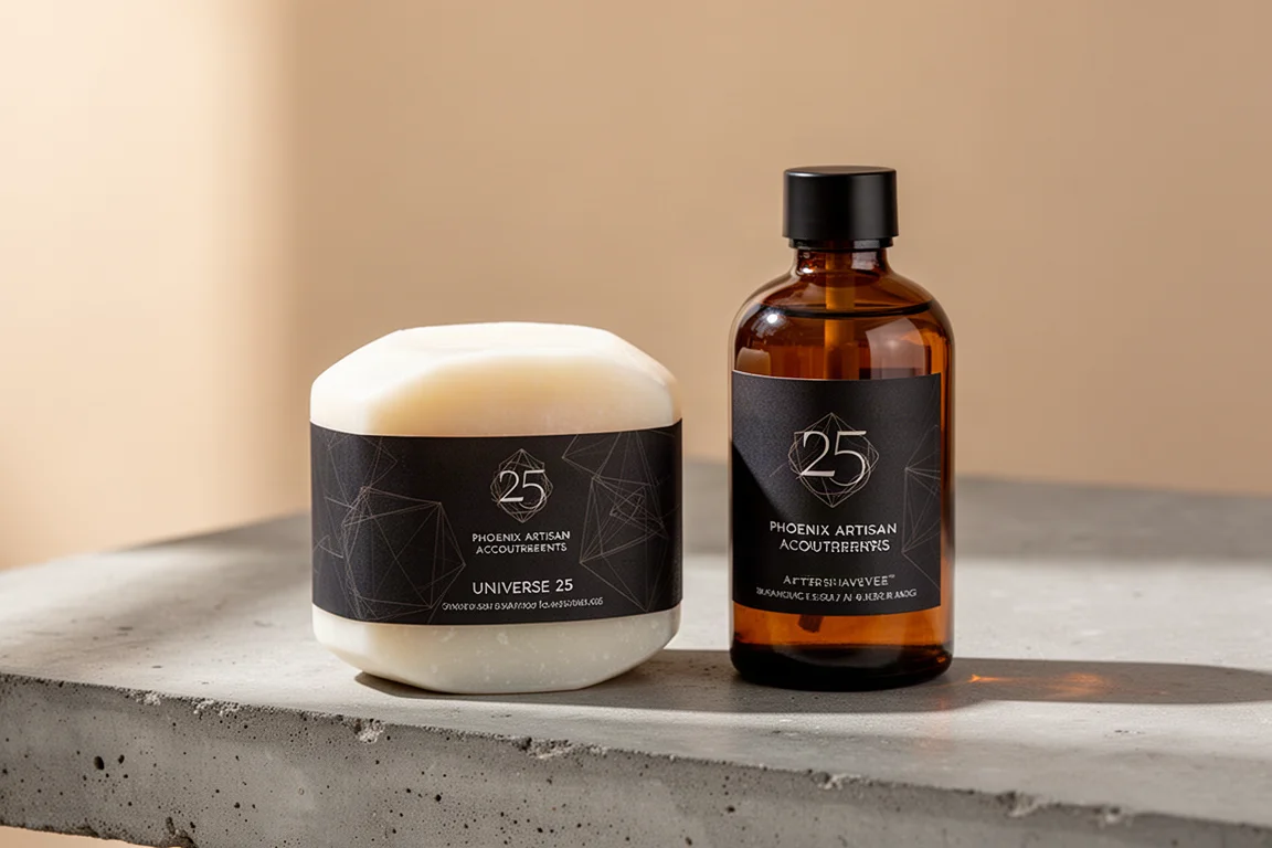 PAA Universe 25 shaving soap tub and aftershave bottle on concrete surface