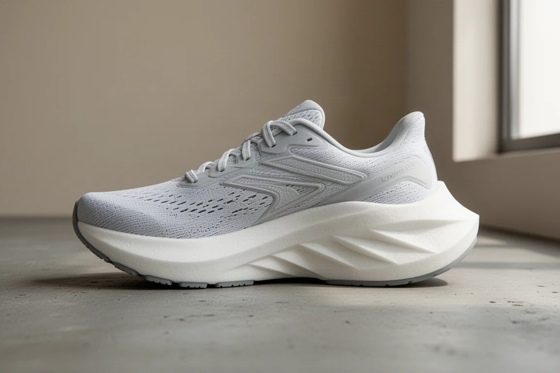Close-up of a running shoe midsole showing its stacked heel foam