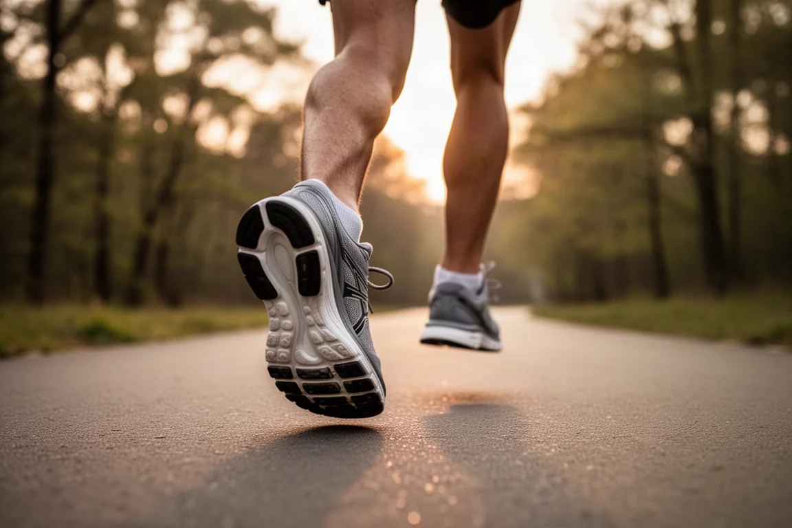 Runner's feet mid-stride on a quiet paved path in soft light