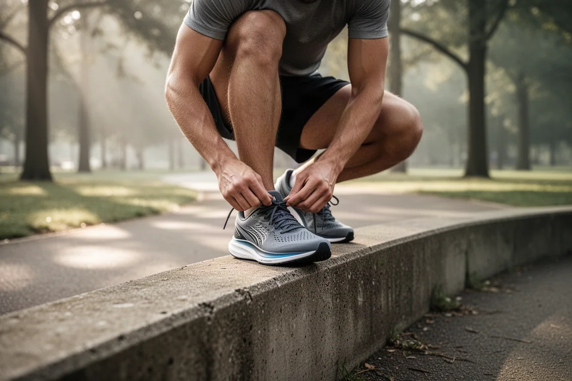 Athlete tying shoelaces on a running shoe beside a park trail