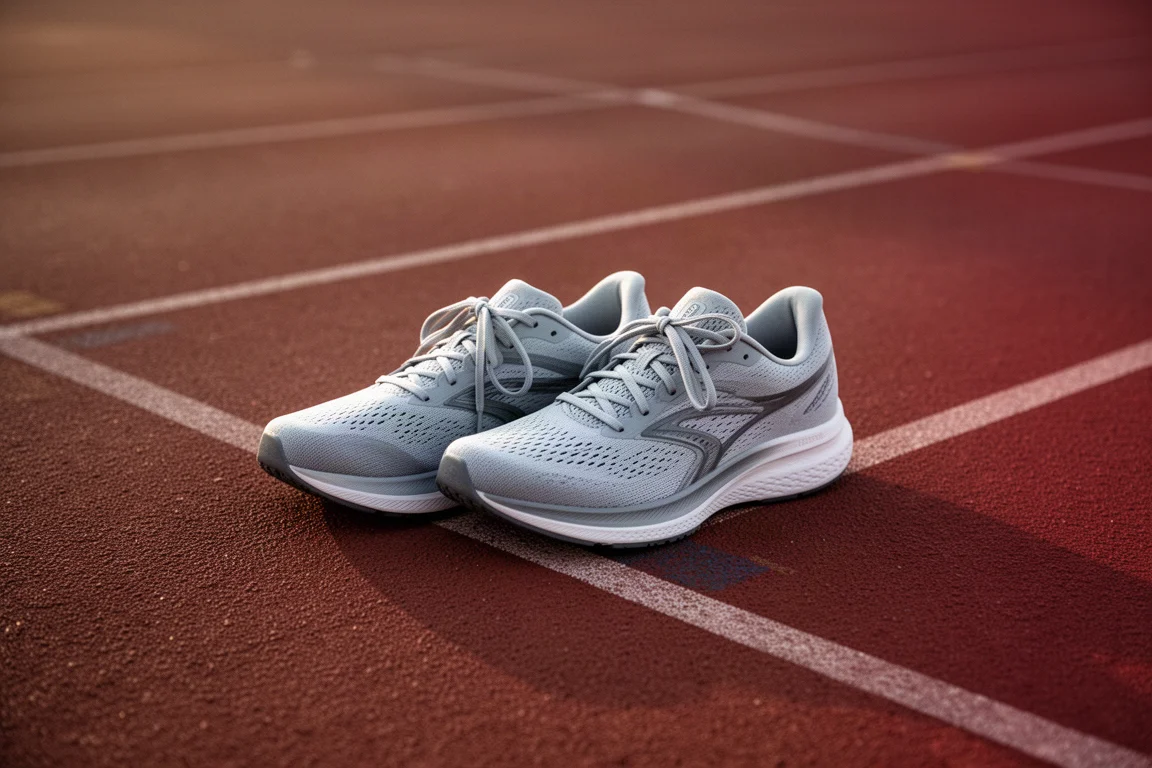 Pair of running shoes resting on a track edge in evening light