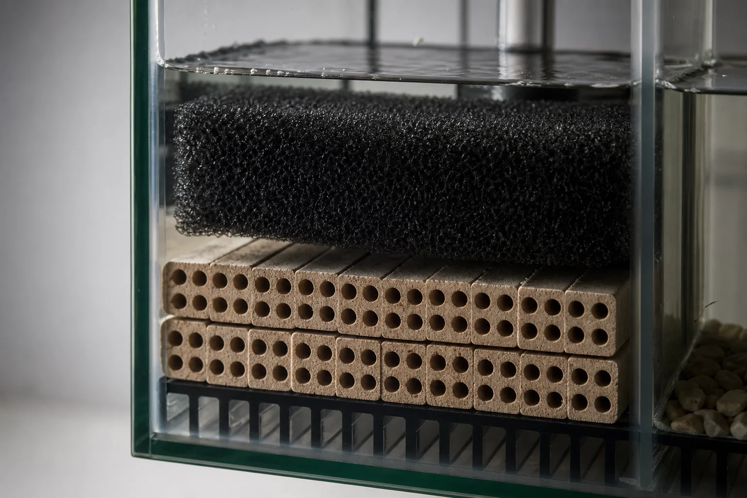 Close-up of aquarium filter media and bio bricks arranged in tank chamber