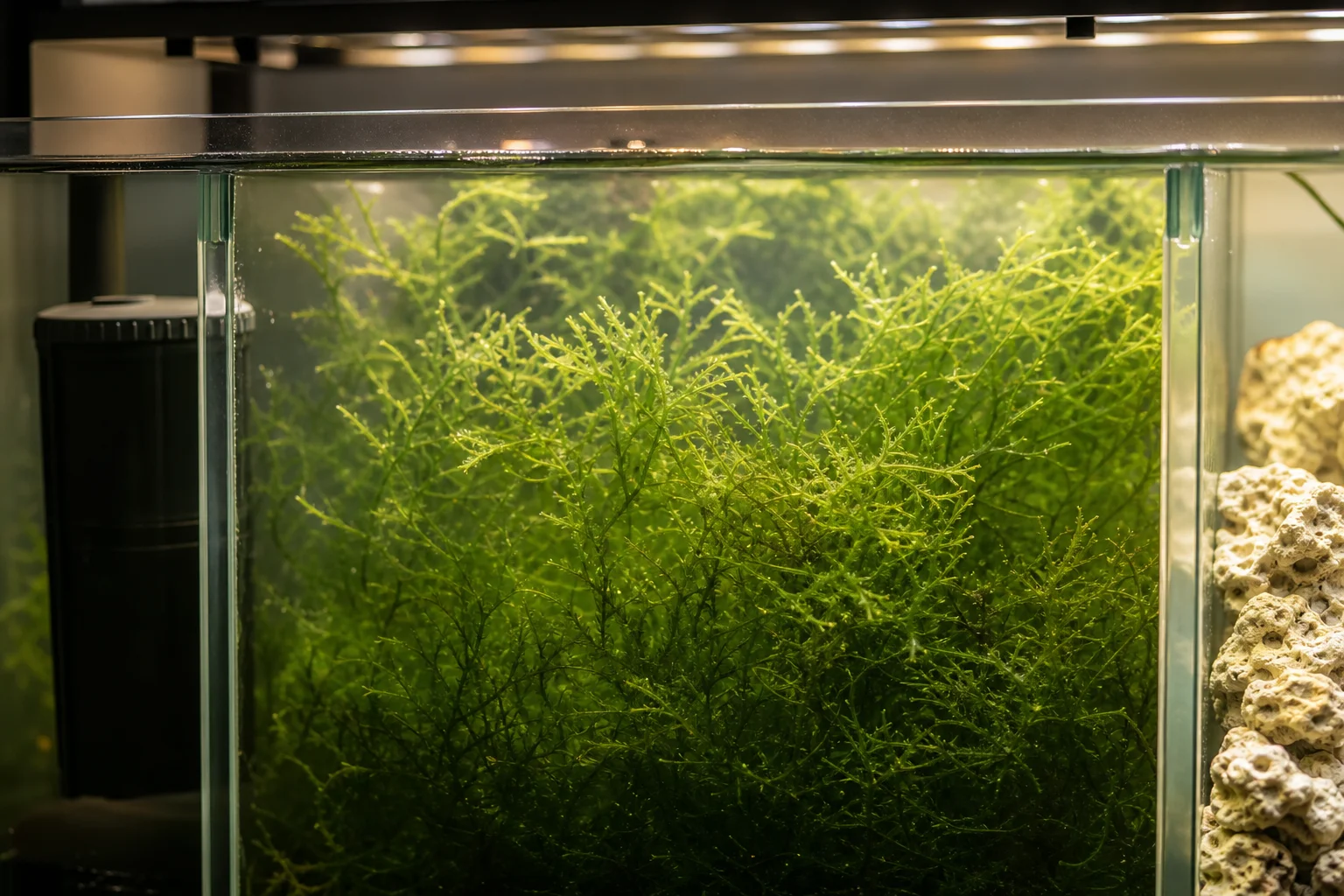 Aquarium-Refugiumkammer mit grünen Makroalgen unter LED-Beleuchtung