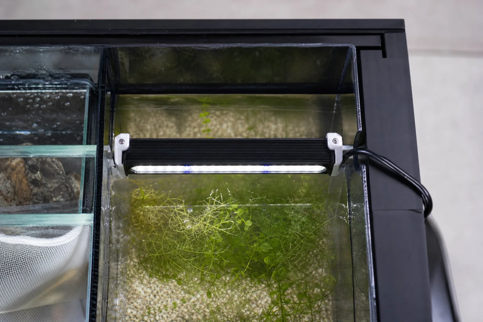 Refugium-Leuchte installiert in einem Riff-Aquarium mit Montageclips und Vinylschrauben