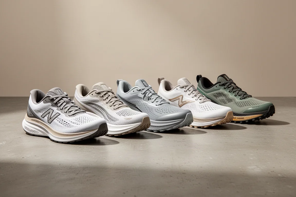 Cinque scarpe da running diverse allineate su una superficie di cemento