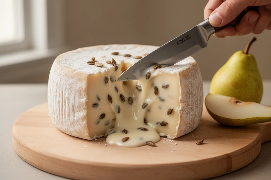 Ein weicher, cremiger Käse wird aufgeschnitten und zeigt einen blassen Kern, durchsetzt mit Samen