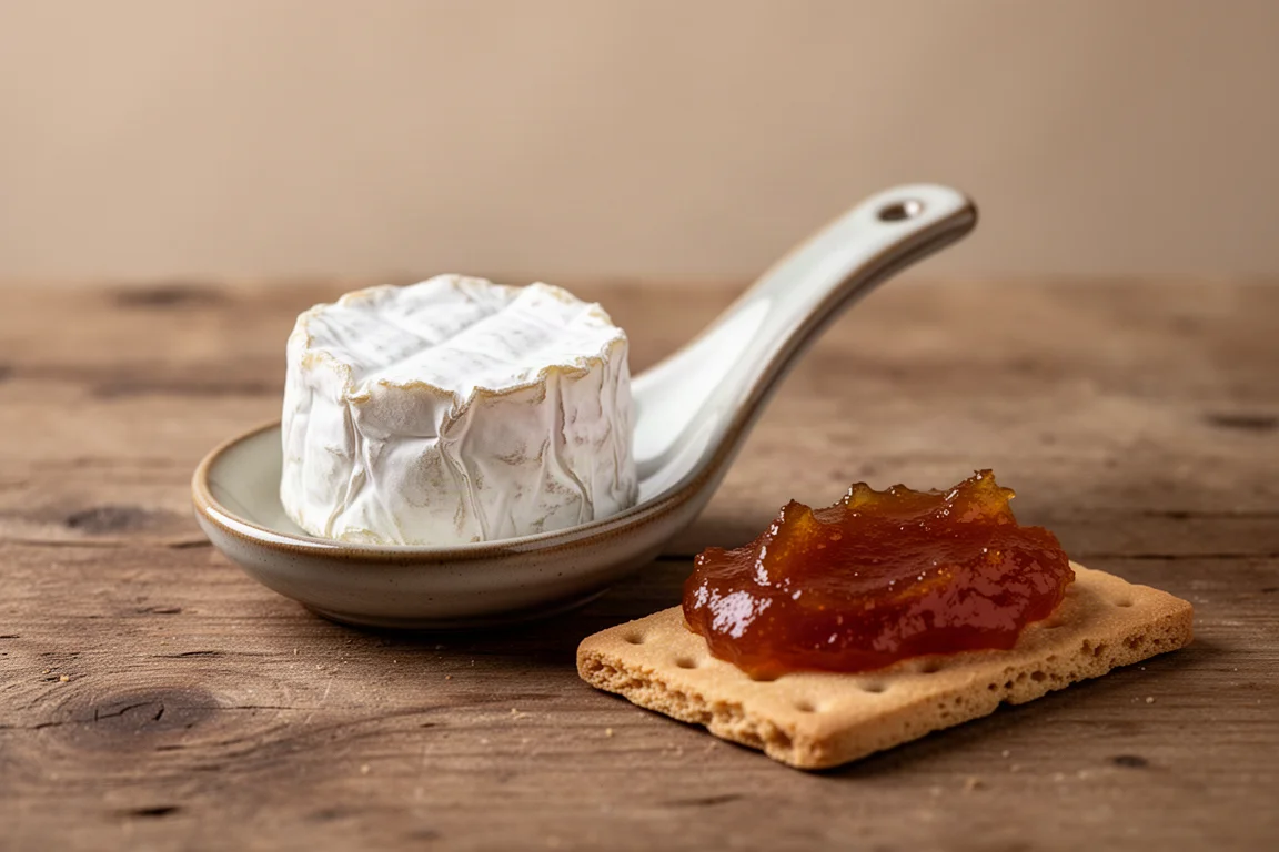 Ein runzeliger Käse mit gewaschener Rinde, auf einem Löffel serviert mit Quittenpaste