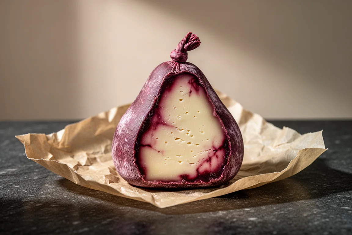 Ein birnenförmiger Käse mit weinrote Rinde auf Pergamentpapier