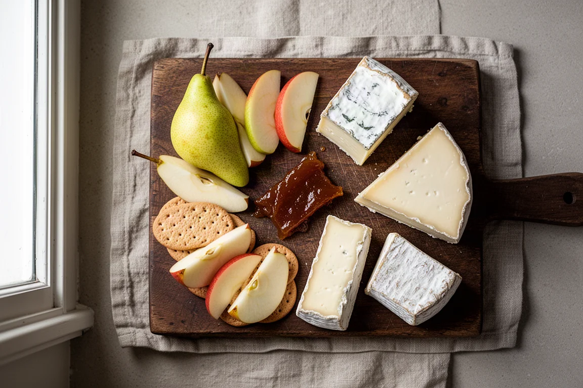 Eine stilisierte Käseplatte mit Obst, Chutney und mehreren Kunstkäsen