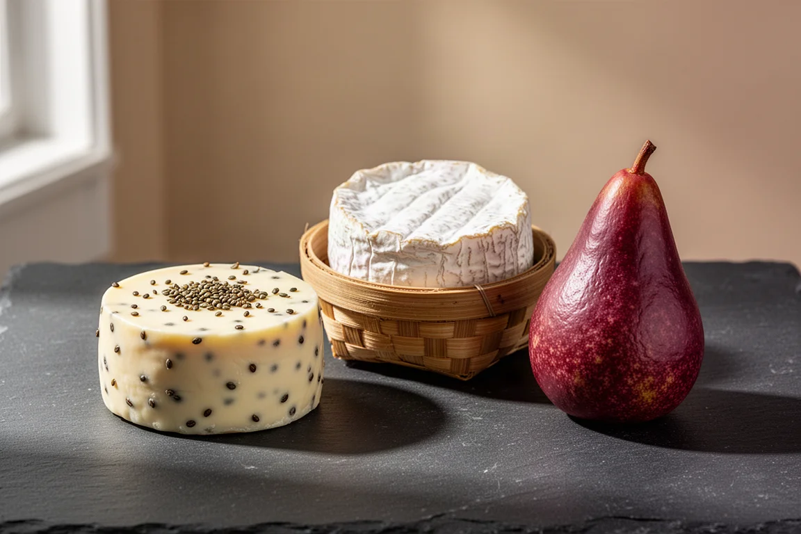 Tre formaggi artigianali tra cui una cialda morbida con semi, un tondo a crosta lavata rugosa e un formaggio a forma di pera macchiato di vino